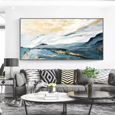 Modern Abstract Blue Gold Hand Painted Canvas Oil Landscape Painting with Customizable Size and Hand Applied Gold Leaf